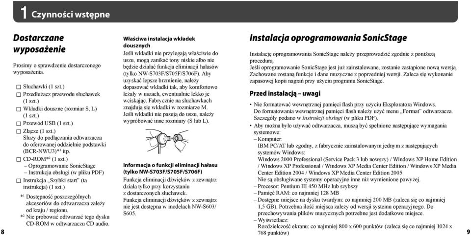 ) Oprogramowanie SonicStage Instrukcja obsługi (w pliku DF) Instrukcja Szybki start (ta instrukcja) (1 szt.) * 1 Dostępność poszczególnych akcesoriów do odtwarzacza zależy od kraju / regionu.