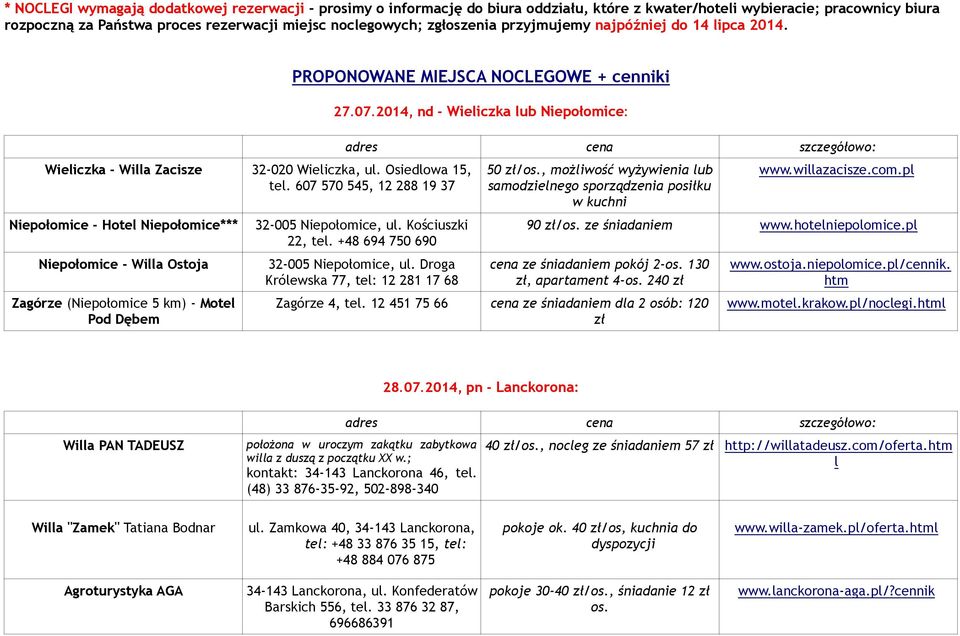 607 570 545, 12 288 19 37 Niepołomice - Hotel Niepołomice*** Niepołomice - Willa Ostoja Zagórze (Niepołomice 5 km) - Motel Pod Dębem PROPONOWANE MIEJSCA NOCLEGOWE + cenniki 27.07.2014, nd - Wieliczka lub Niepołomice: adres cena szczegółowo: 32-005 Niepołomice, ul.