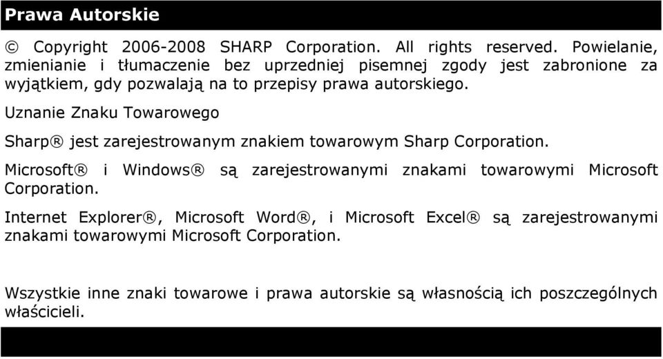 Uznanie Znaku Towarowego Sharp jest zarejestrowanym znakiem towarowym Sharp Corporation.