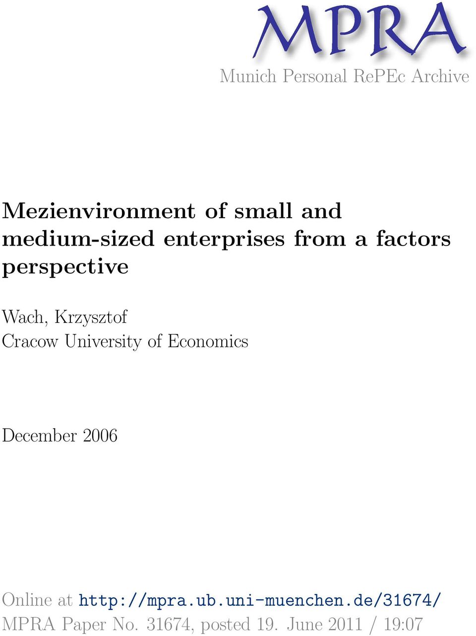 Cracow University of Economics December 2006 Online at http://mpra.