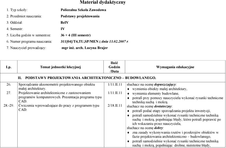 PODSTAWY PROJEKTOWANIA ARCHITEKTONICZNO BUDOWLANEGO. Sporządzanie aksonometrii projektowanego obiektu małej architektury. Projektowanie architektoniczne z zastosowaniem programów komputerowych.