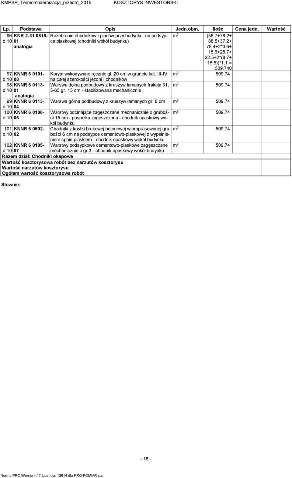 1 = 509.740 509.74 Koryta wykonywane r cznie g. 20 c w gruncie kat. III-IV na ca ej szeroko ci jezdni i chodników Warswa dolna podbudowy z kruszyw aanych frakcja 31, 509.74 5-65 gr.