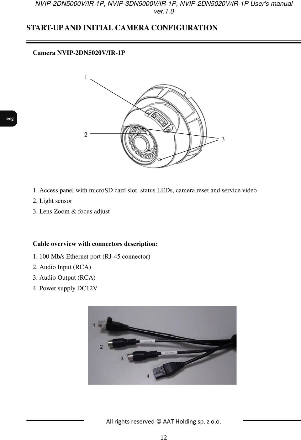 Lens Zoom & focus adjust Cable overview with connectors description: 1. 100 Mb/s Ethernet port (RJ-45 connector) 2.