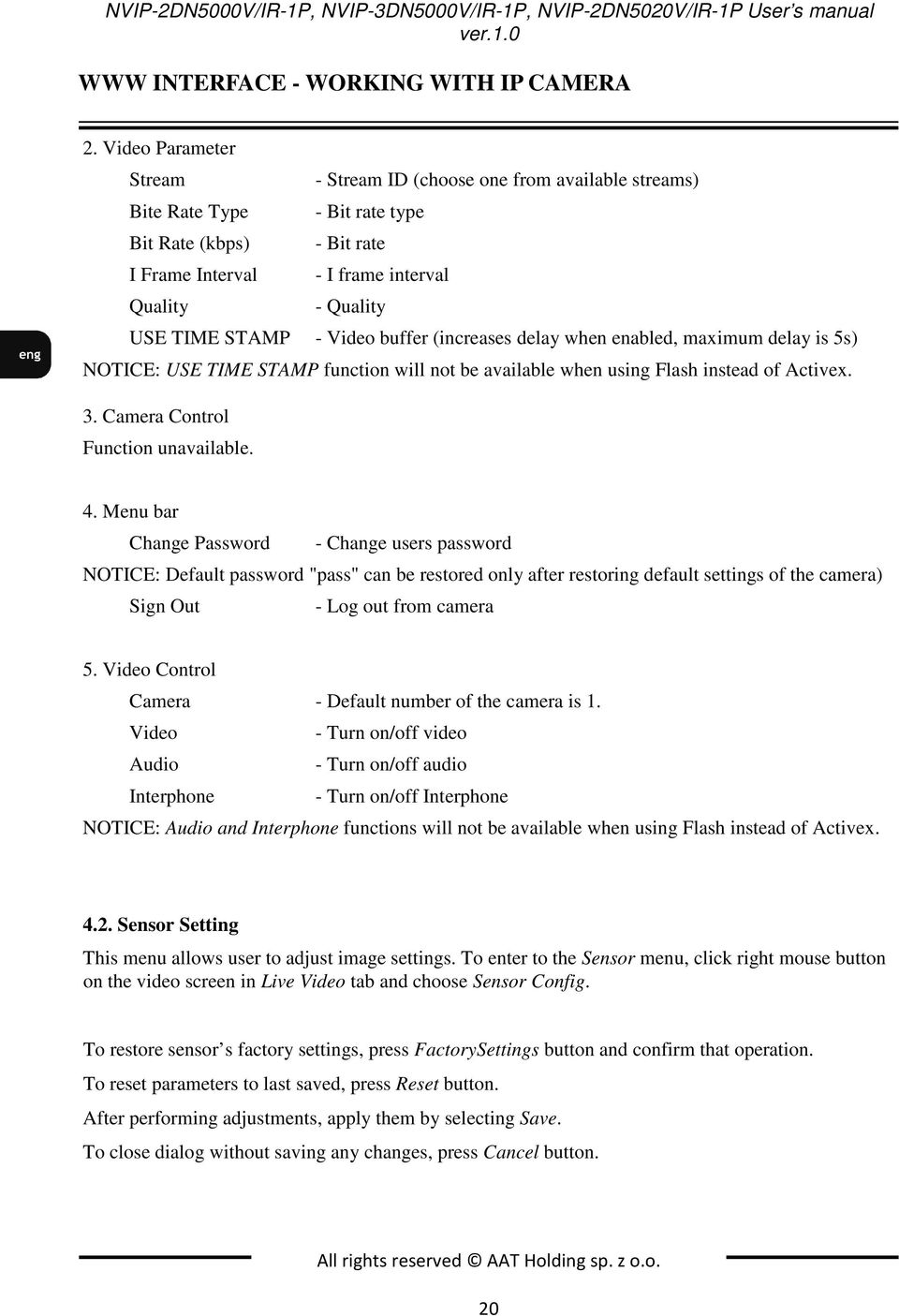 Video buffer (increases delay when enabled, maximum delay is 5s) NOTICE: USE TIME STAMP function will not be available when using Flash instead of Activex. 3. Camera Control Function unavailable. 4.