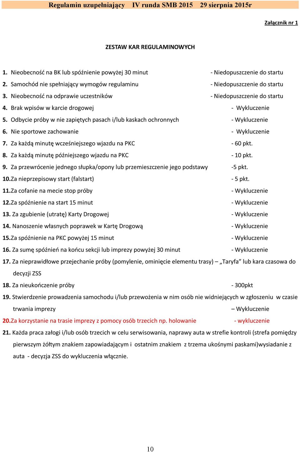 Nie sportowe zachowanie - Wykluczenie 7. Za każdą minutę wcześniejszego wjazdu na PKC - 60 pkt. 8. Za każdą minutę późniejszego wjazdu na PKC - 10 pkt. 9.