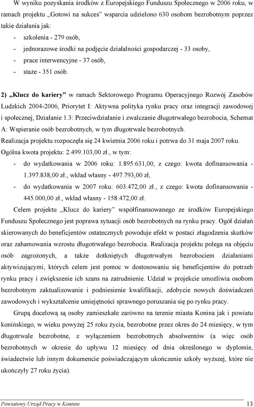 2) Klucz do kariery w ramach Sektorowego Programu Operacyjnego Rozwój Zasobów Ludzkich 2004-2006, Priorytet I: Aktywna polityka rynku pracy oraz integracji zawodowej i społecznej, Działanie 1.