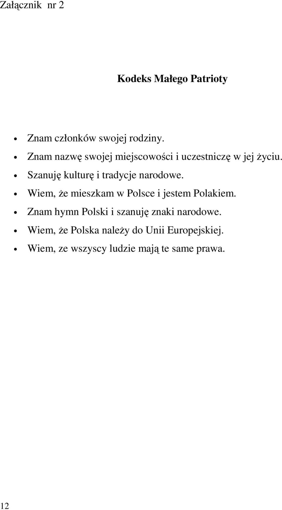 Szanuję kulturę i tradycje narodowe. Wiem, że mieszkam w Polsce i jestem Polakiem.