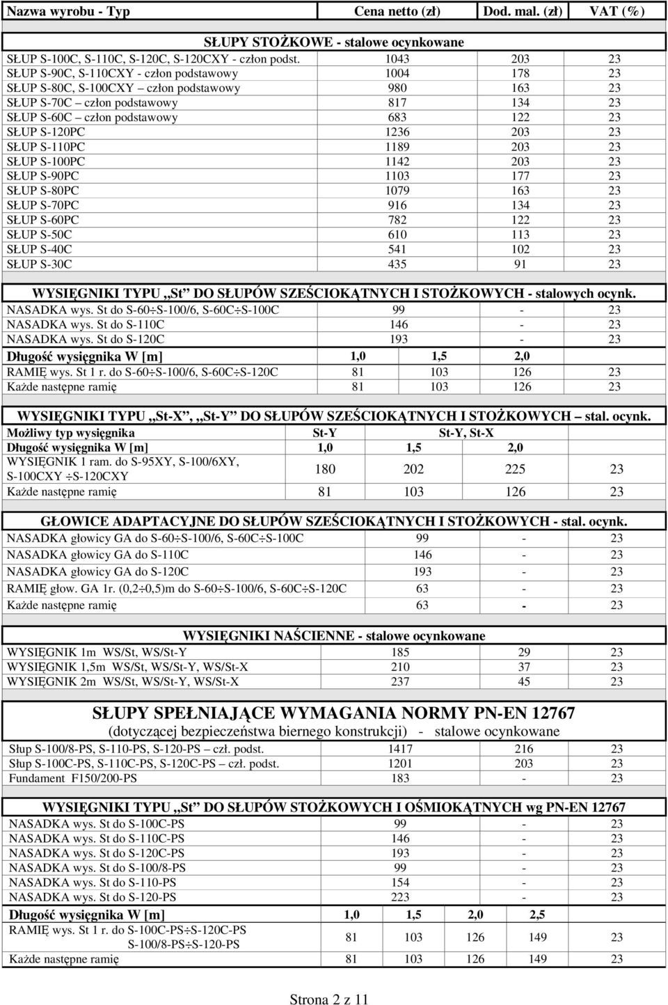 S-120PC 1236 203 23 SŁUP S-110PC 1189 203 23 SŁUP S-100PC 1142 203 23 SŁUP S-90PC 1103 177 23 SŁUP S-80PC 1079 163 23 SŁUP S-70PC 916 134 23 SŁUP S-60PC 782 122 23 SŁUP S-50C 610 113 23 SŁUP S-40C