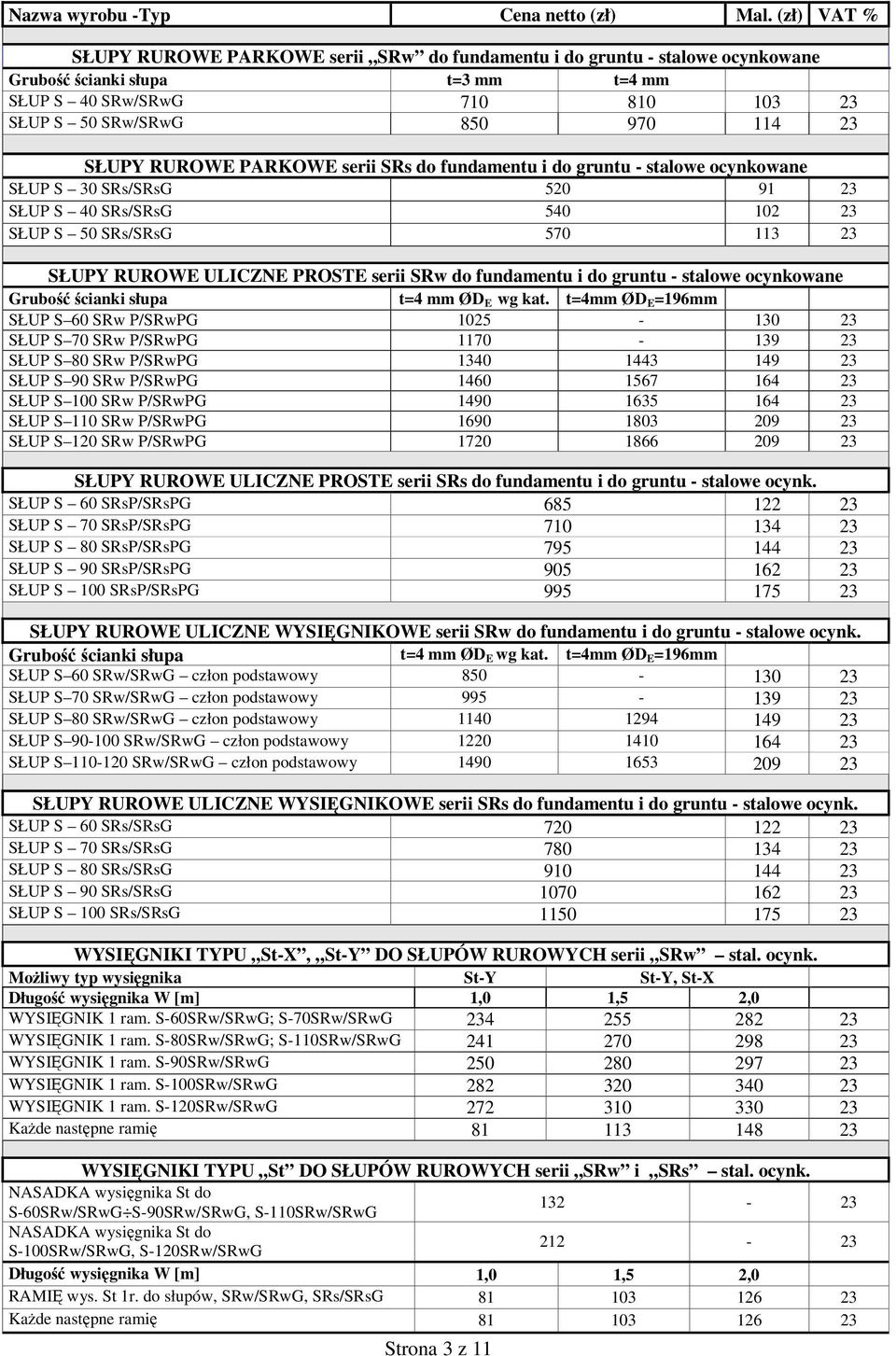 RUROWE PARKOWE serii SRs do fundamentu i do gruntu - stalowe ocynkowane SŁUP S 30 SRs/SRsG 520 91 23 SŁUP S 40 SRs/SRsG 540 102 23 SŁUP S 50 SRs/SRsG 570 113 23 SŁUPY RUROWE ULICZNE PROSTE serii SRw