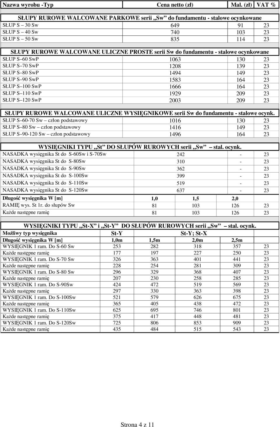 serii Sw do fundamentu - stalowe ocynkowane SŁUP S 60 SwP 1063 130 23 SŁUP S 70 SwP 1208 139 23 SŁUP S 80 SwP 1494 149 23 SŁUP S 90 SwP 1583 164 23 SŁUP S 100 SwP 1666 164 23 SŁUP S 110 SwP 1929 209