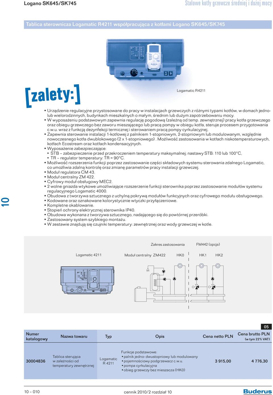 zewnętrznej) pracy kotła grzewczego oraz obiegu grzewczego bez zaworu mieszającego lub pracą pompy w obiegu kotła, steruje procesem przygotowania c.w.u. wraz z funkcją dezynfekcji termicznej i sterowaniem pracą pompy cyrkulacyjnej.