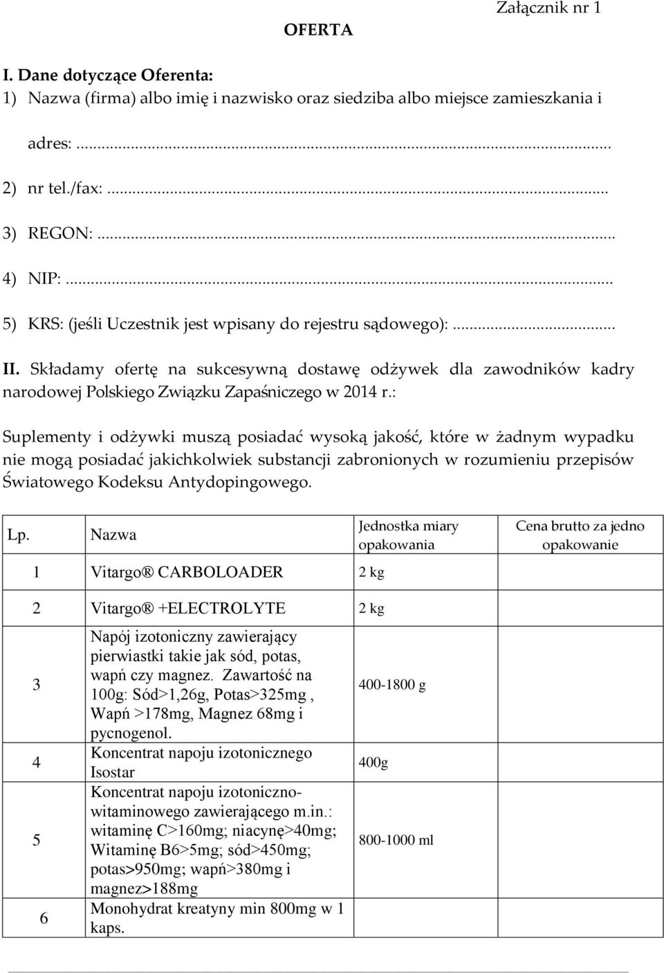 : Suplementy i odżywki muszą posiadać wysoką jakość, które w żadnym wypadku nie mogą posiadać jakichkolwiek substancji zabronionych w rozumieniu przepisów Światowego Kodeksu Antydopingowego. Lp.