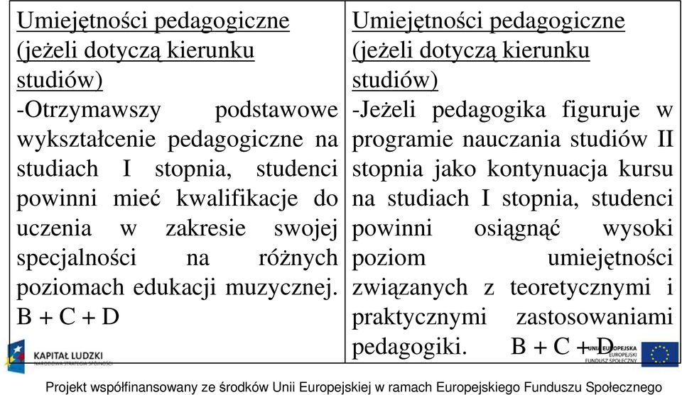 B + C + D Umiejętności pedagogiczne (jeżeli dotyczą kierunku studiów) -Jeżeli pedagogika figuruje w programie nauczania studiów II stopnia