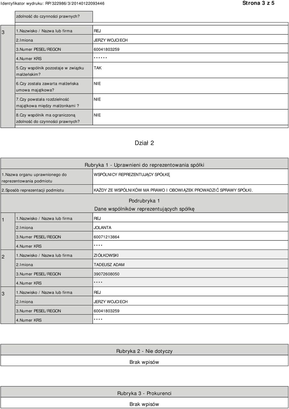 Sposób reprezentacji podmiotu WSPÓLNICY REPREZENTUJĄCY SPÓŁKĘ KAŻDY ZE WSPÓLNIKÓW MA PRAWO I OBOWIĄZEK PROWADZIĆ SPRAWY SPÓŁKI. 1 1.