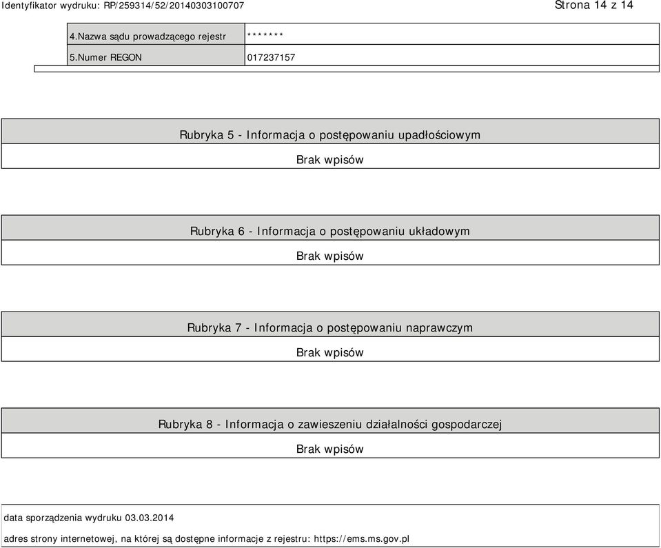 postępowaniu układowym Rubryka 7 - Informacja o postępowaniu naprawczym Rubryka 8 - Informacja o