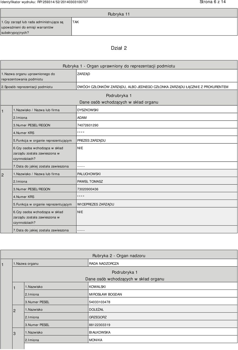 Nazwisko / Nazwa lub firma DYSZKOWSKI Dane osób wchodzących w skład organu ADAM 3.Numer PESEL/REGON 74072601290 4.Numer KRS **** 5.Funkcja w organie reprezentującym 6.