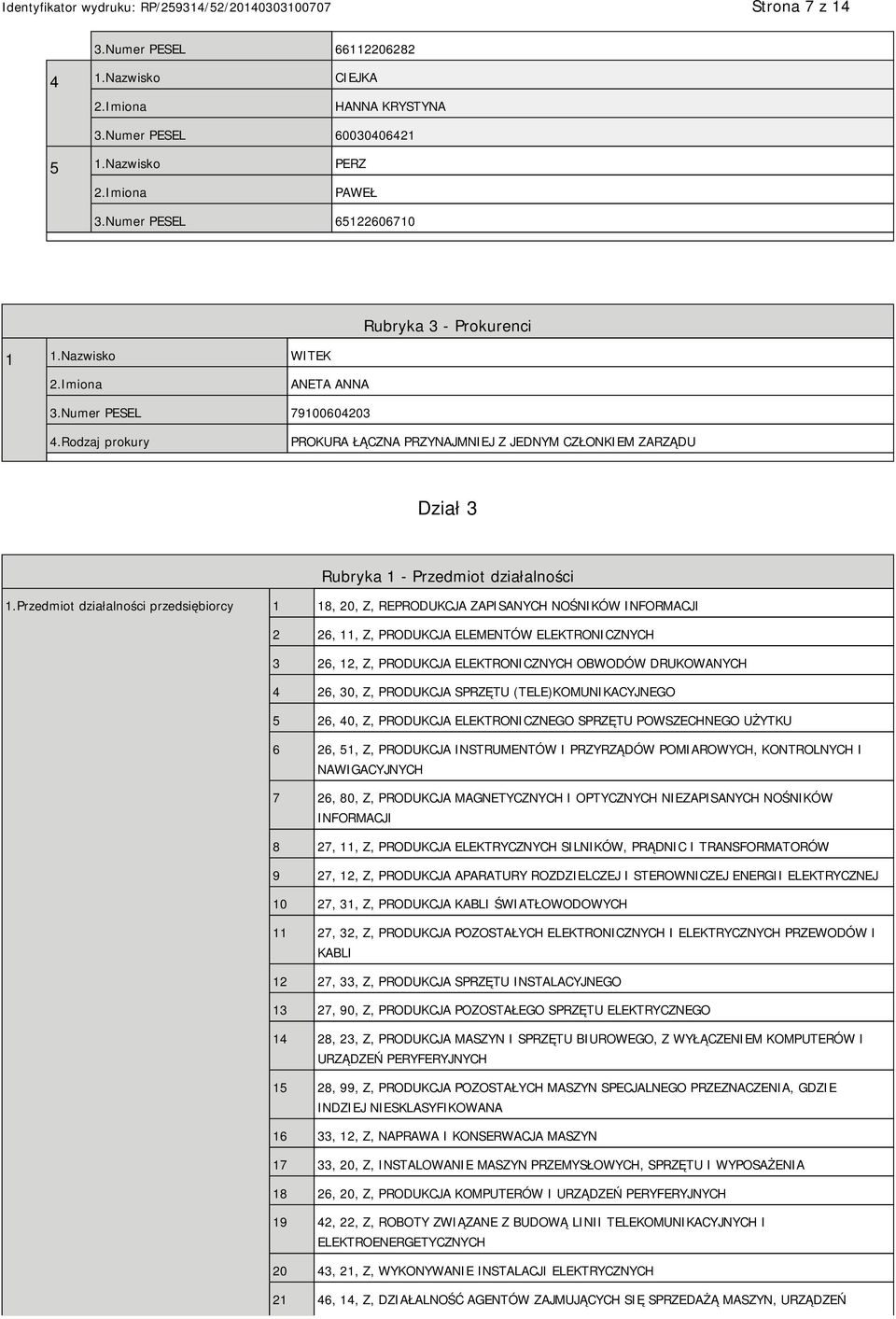 Przedmiot działalności przedsiębiorcy 1 18, 20, Z, REPRODUKCJA ZAPISANYCH NOŚNIKÓW INFORMACJI 2 26, 11, Z, PRODUKCJA ELEMENTÓW ELEKTRONICZNYCH 3 26, 12, Z, PRODUKCJA ELEKTRONICZNYCH OBWODÓW