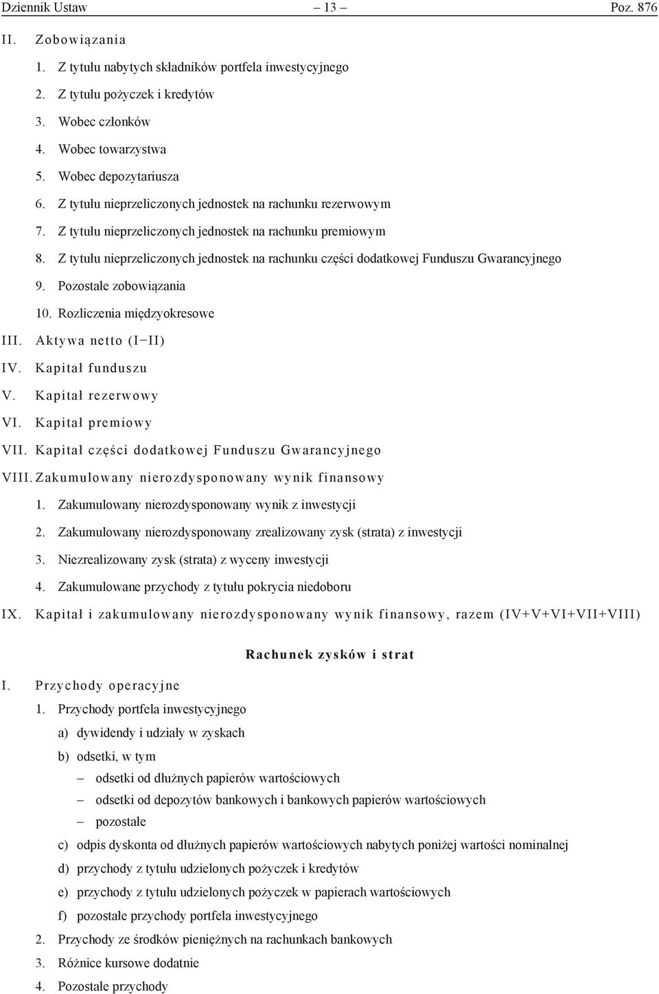 Z tytułu nieprzeliczonych jednostek na rachunku części dodatkowej Funduszu Gwarancyjnego 9. Pozostałe zobowiązania 10. Rozliczenia międzyokresowe III. Aktywa netto (I II) IV. Kapitał funduszu V.