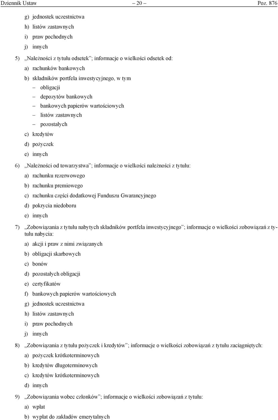 inwestycyjnego, w tym obligacji depozytów bankowych bankowych papierów wartościowych listów zastawnych pozostałych c) kredytów d) pożyczek e) innych 6) Należności od towarzystwa ; informacje o