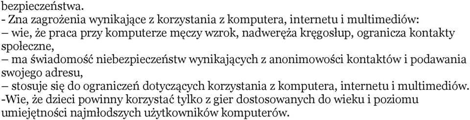 nadweręża kręgosłup, ogranicza kontakty społeczne, ma świadomość niebezpieczeństw wynikających z anonimowości kontaktów i