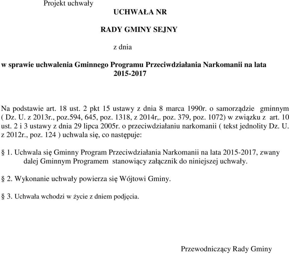 2 i 3 ustawy z dnia 29 lipca 2005r. o przeciwdziałaniu narkomanii ( tekst jednolity Dz. U. z 2012r., poz. 124 ) uchwala się, co następuje: 1.