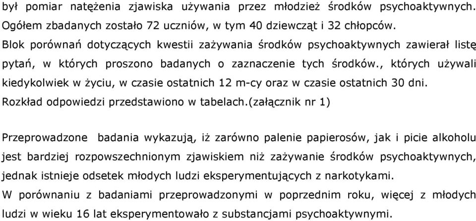 , których uŝywali kiedykolwiek w Ŝyciu, w czasie ostatnich 12 m-cy oraz w czasie ostatnich 30 dni. Rozkład odpowiedzi przedstawiono w tabelach.