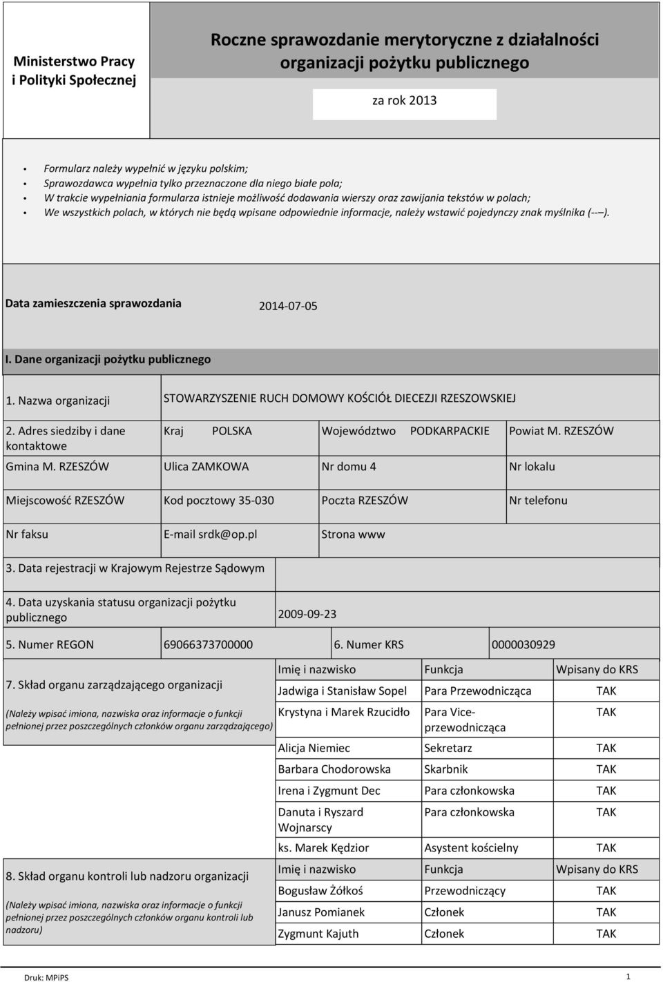 odpowiednie informacje, należy wstawić pojedynczy znak myślnika (-- ). Data zamieszczenia sprawozdania 2014-07-05 I. Dane organizacji pożytku publicznego 1. Nazwa organizacji 2.