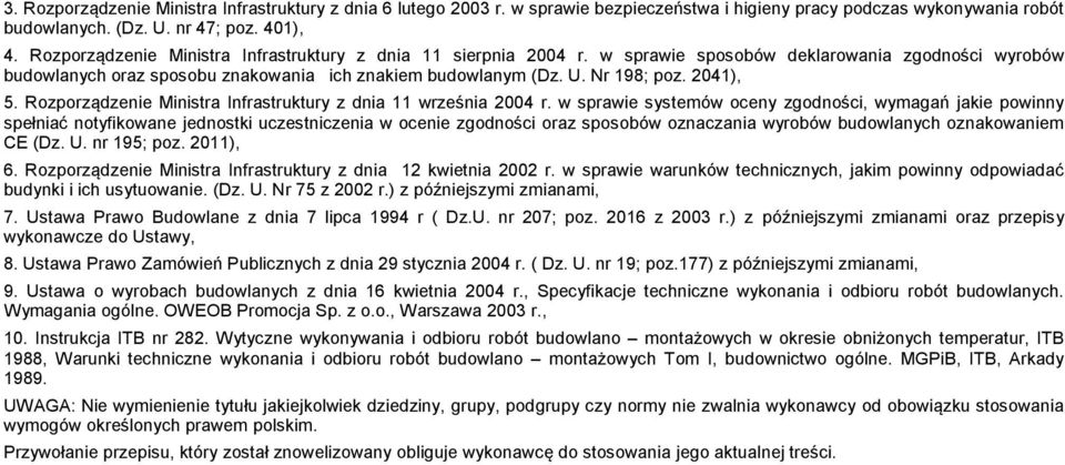 2041), 5. Rozporządzenie Ministra Infrastruktury z dnia 11 września 2004 r.