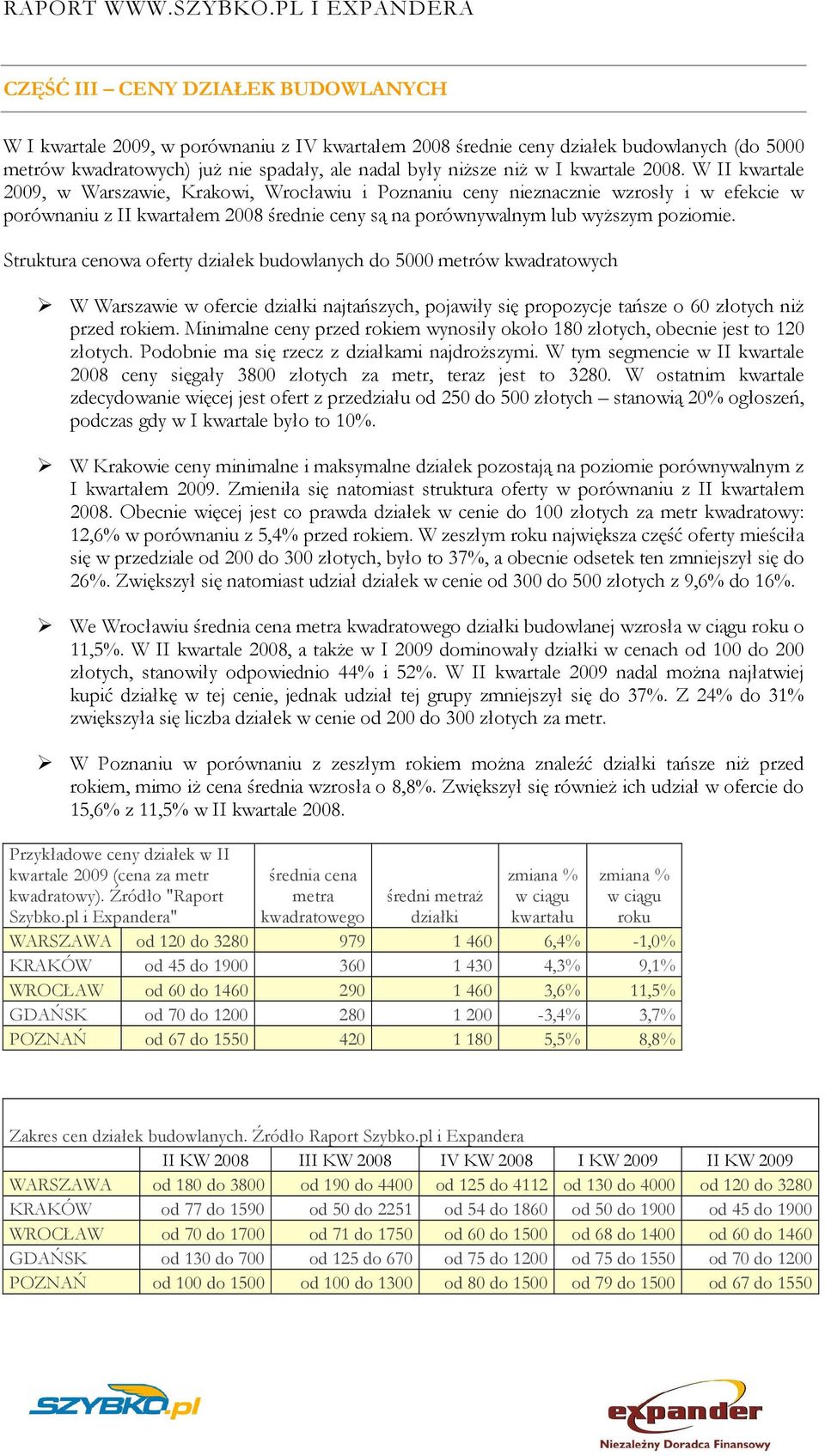 W II kwartale 2009, w Warszawie, Krakowi, Wrocławiu i Poznaniu ceny nieznacznie wzrosły i w efekcie w porównaniu z II kwartałem 2008 średnie ceny są na porównywalnym lub wyŝszym poziomie.