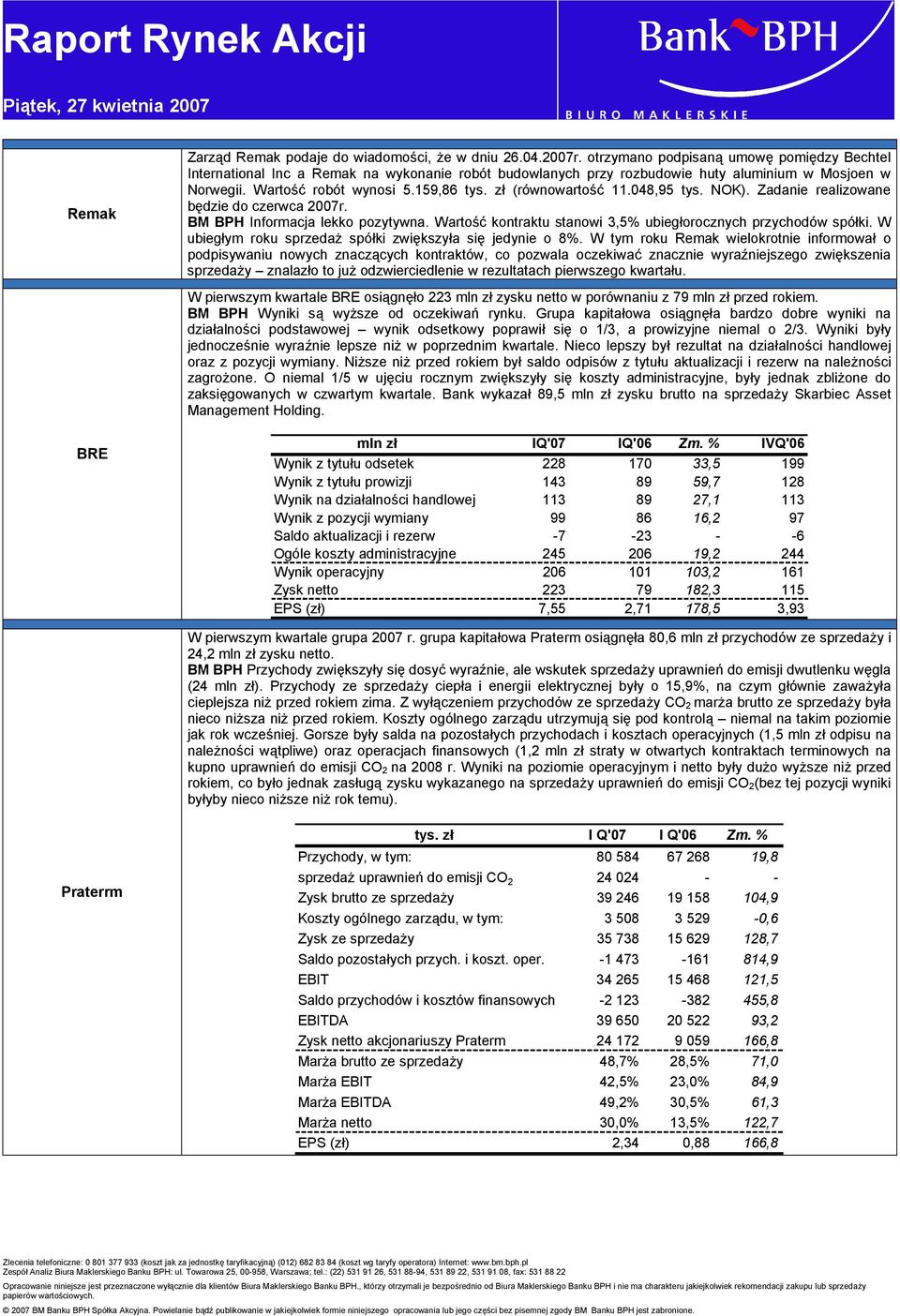 zł (równowartość 11.048,95 tys. NOK). Zadanie realizowane będzie do czerwca 2007r. BM BPH Informacja lekko pozytywna. Wartość kontraktu stanowi 3,5% ubiegłorocznych przychodów spółki.