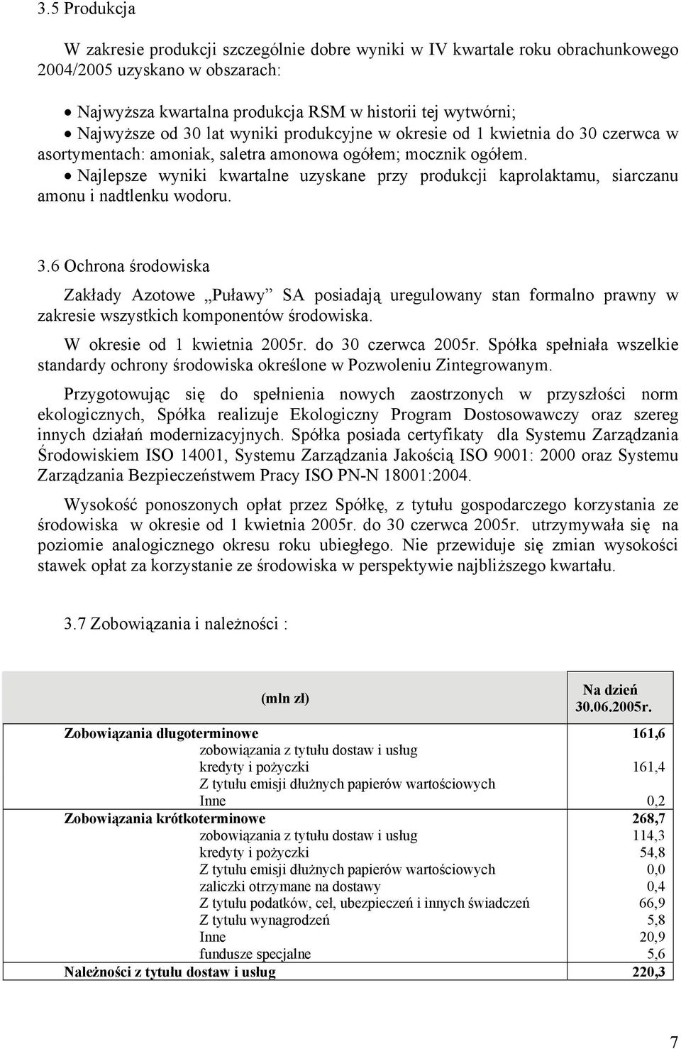 Najlepsze wyniki kwartalne uzyskane przy produkcji kaprolaktamu, siarczanu amonu i nadtlenku wodoru. 3.