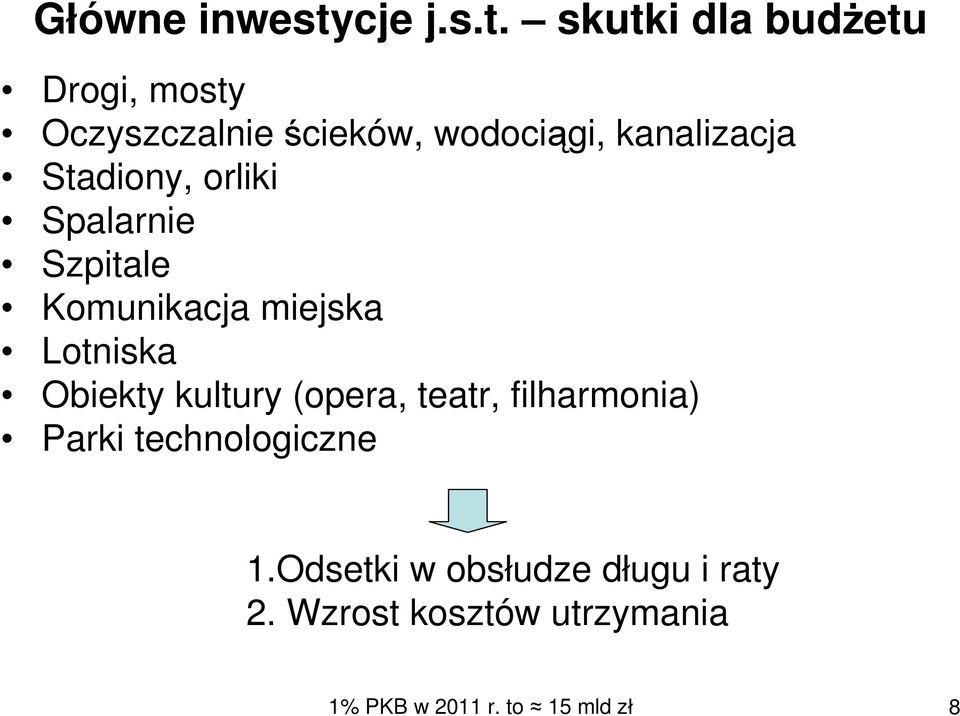 skutki dla budŝetu Drogi, mosty Oczyszczalnie ścieków, wodociągi, kanalizacja