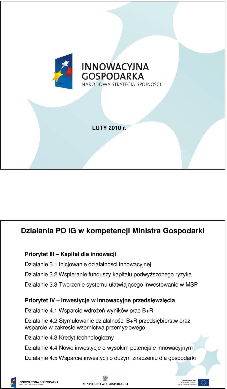 Tworzenie systemu u atwiaj cego inwestowanie w MSP Priorytet IV Inwestycje w innowacyjne przedsi wzi cia Dzia anie. Wsparcie wdro wyników prac B+R Dzia anie.