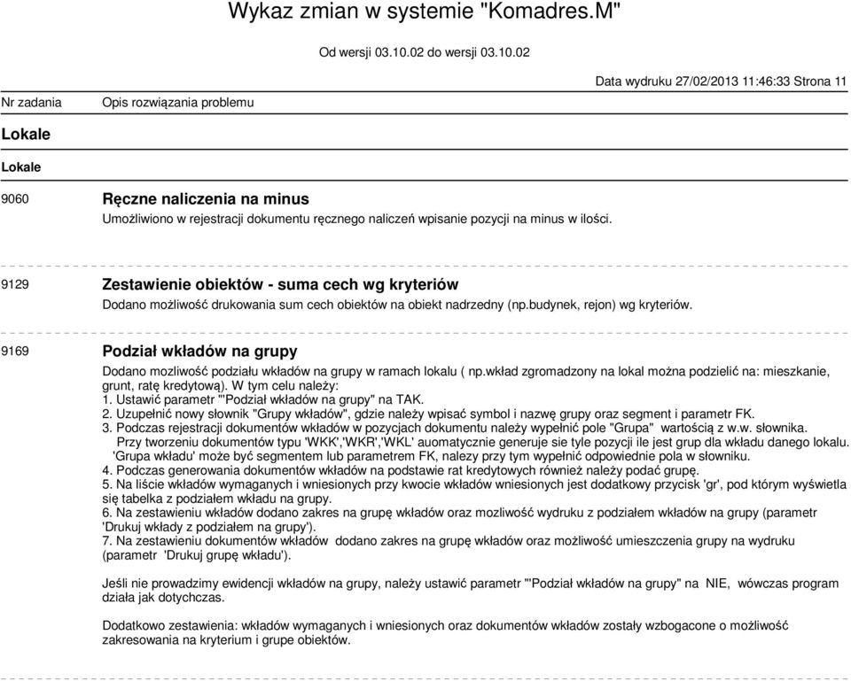 9169 Podział wkładów na grupy Dodano mozliwość podziału wkładów na grupy w ramach lokalu ( np.wkład zgromadzony na lokal można podzielić na: mieszkanie, grunt, ratę kredytową). W tym celu należy: 1.