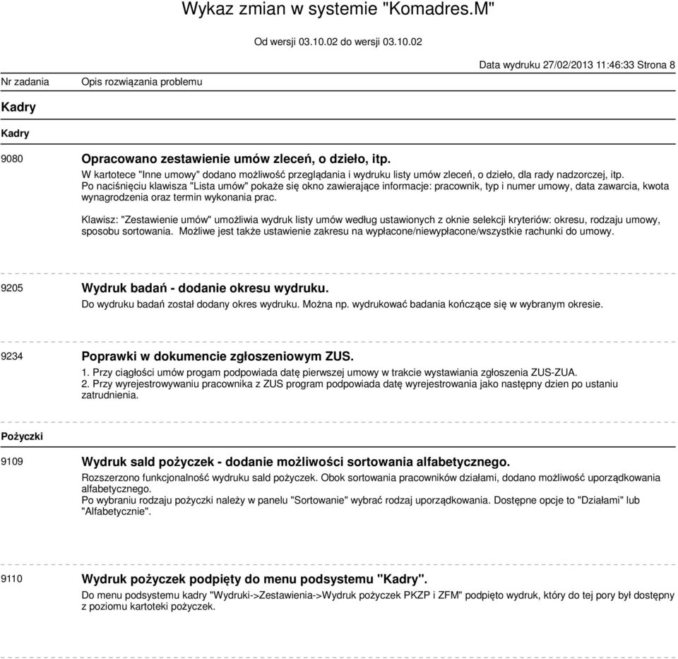 Po naciśnięciu klawisza "Lista umów" pokaże się okno zawierające informacje: pracownik, typ i numer umowy, data zawarcia, kwota wynagrodzenia oraz termin wykonania prac.