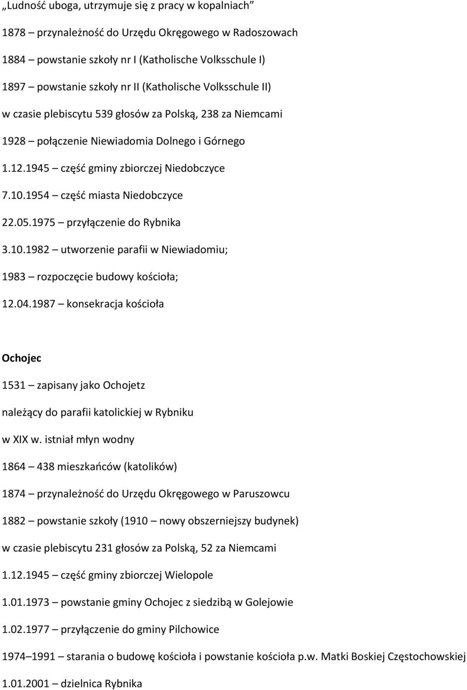 1954 częśd miasta Niedobczyce 22.05.1975 przyłączenie do Rybnika 3.10.1982 utworzenie parafii w Niewiadomiu; 1983 rozpoczęcie budowy kościoła; 12.04.