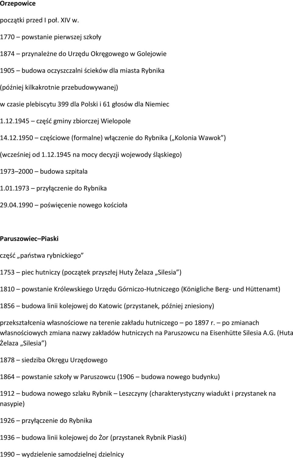 dla Polski i 61 głosów dla Niemiec 1.12.1945 częśd gminy zbiorczej Wielopole 14.12.1950 częściowe (formalne) włączenie do Rybnika ( Kolonia Wawok ) (wcześniej od 1.12.1945 na mocy decyzji wojewody śląskiego) 1973 2000 budowa szpitala 1.