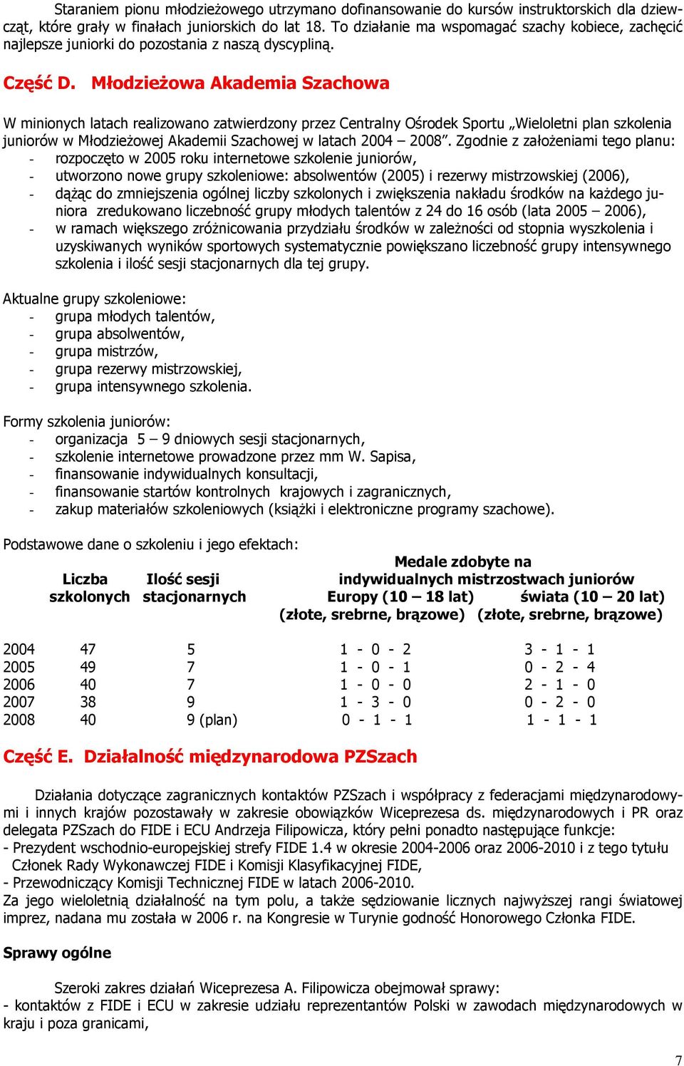 MłodzieŜowa Akademia Szachowa W minionych latach realizowano zatwierdzony przez Centralny Ośrodek Sportu Wieloletni plan szkolenia juniorów w MłodzieŜowej Akademii Szachowej w latach 2004 2008.