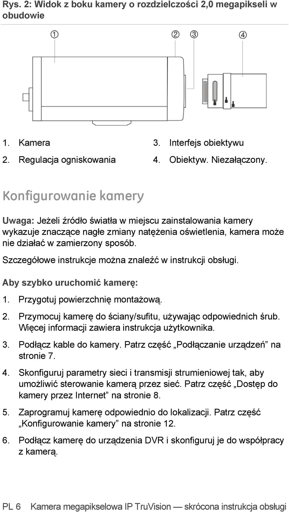 Szczegółowe instrukcje można znaleźć w instrukcji obsługi. Aby szybko uruchomić kamerę: 1. Przygotuj powierzchnię montażową. 2. Przymocuj kamerę do ściany/sufitu, używając odpowiednich śrub.