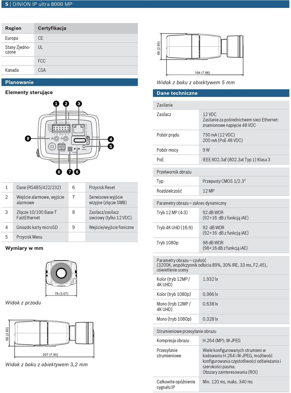 sieci Ethernet: znamionowe napięcie 48 VDC 750 ma (12 VDC) 200 ma (PoE 48 VDC) 12VDC CVBS MENU Pobór mocy 9 W PoE IEEE 802.3af (802.