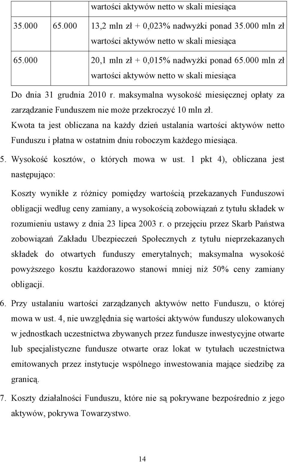 Kwota ta jest obliczana na każdy dzień ustalania wartości aktywów netto Funduszu i płatna w ostatnim dniu roboczym każdego miesiąca. 5. Wysokość kosztów, o których mowa w ust.