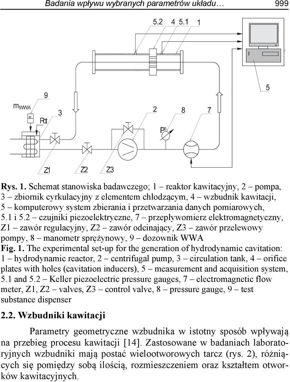 5.1 i 5.2 czujniki piezoelektryczne, 7 przepływomierz elektromagnetyczny, Z1 zawór regulacyjny, Z2 zawór odcinający, Z3 zawór przelewowy pompy, 8 manometr sprężynowy, 9 dozownik WWA Fig. 1.