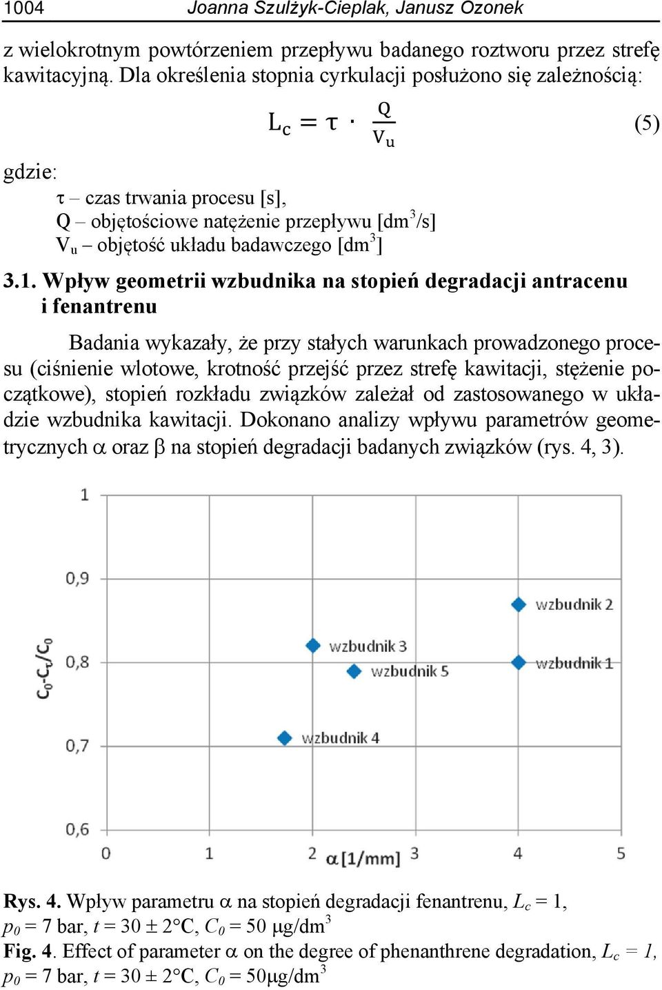 Wpływ geometrii wzbudnika na stopień degradacji antracenu i fenantrenu Badania wykazały, że przy stałych warunkach prowadzonego procesu (ciśnienie wlotowe, krotność przejść przez strefę kawitacji,