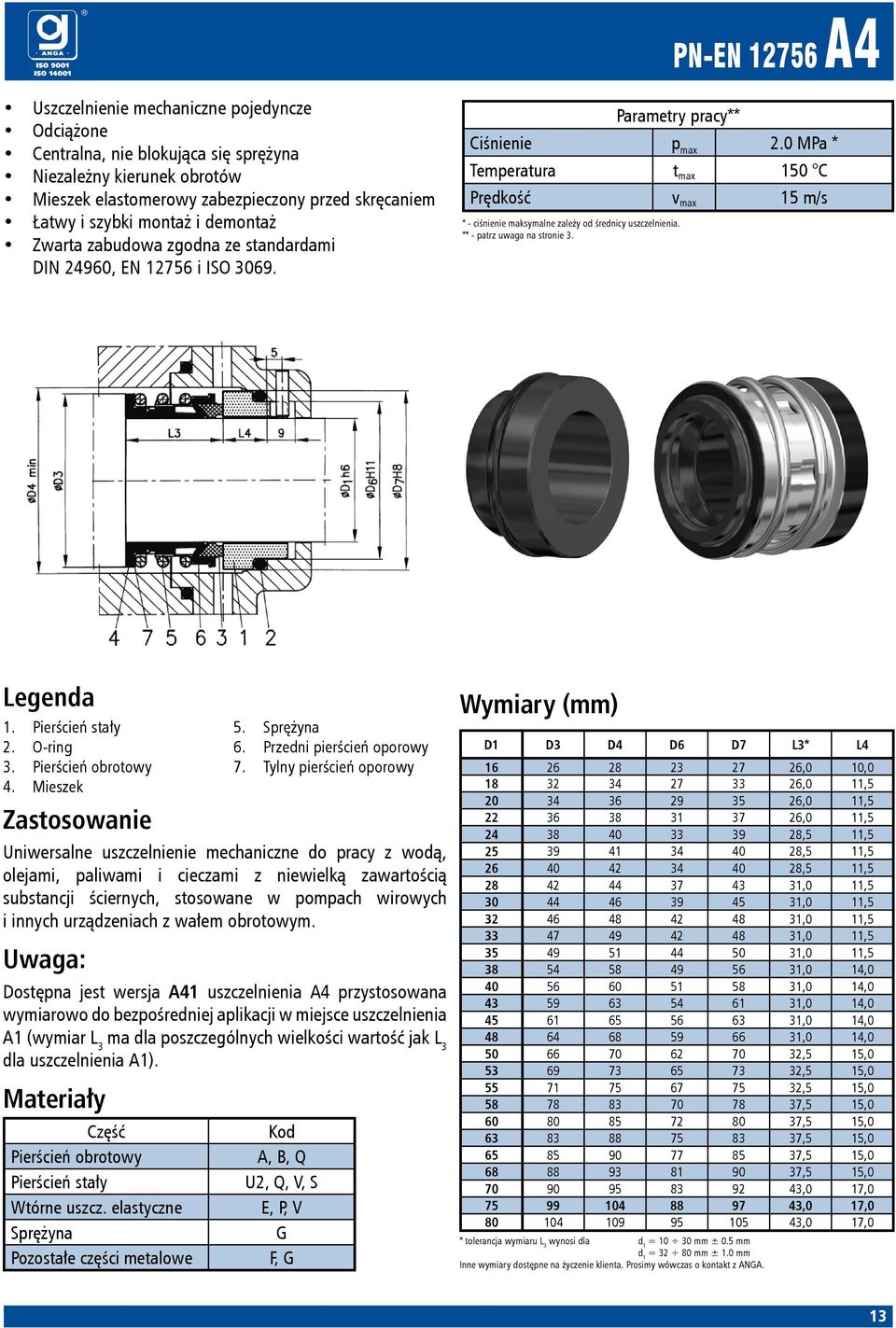 0 MPa * Temperatura t max 150 C Prędkość v max 15 m/s * - ciśnienie maksymalne zależy od średnicy uszczelnienia. * Legenda 1. 2. O-ring 3. 4. Mieszek 5. 6. Przedni pierścień oporowy 7.