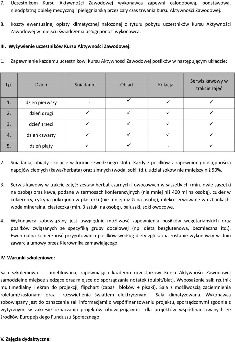 Wyżywienie uczestników Kursu Aktywności Zawodowej: 1. Zapewnienie każdemu uczestnikowi Kursu Aktywności Zawodowej posiłków w następującym układzie: Lp.