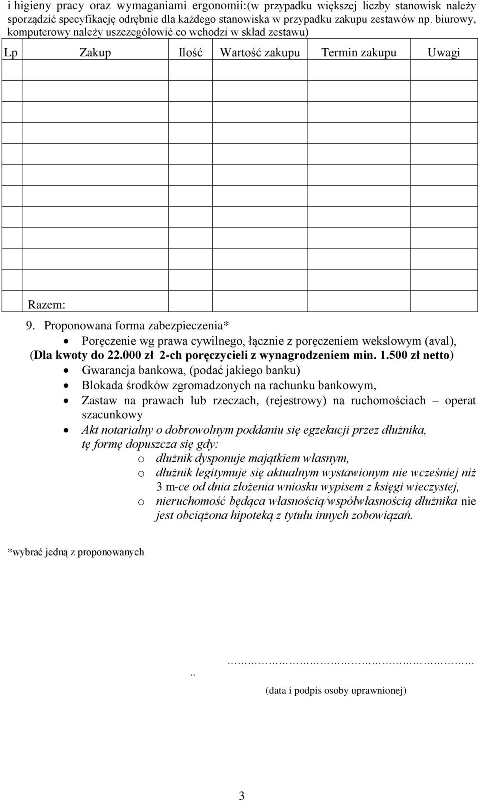 Proponowana forma zabezpieczenia* Poręczenie wg prawa cywilnego, łącznie z poręczeniem wekslowym (aval), (Dla kwoty do 22.000 zł 2-ch poręczycieli z wynagrodzeniem min. 1.