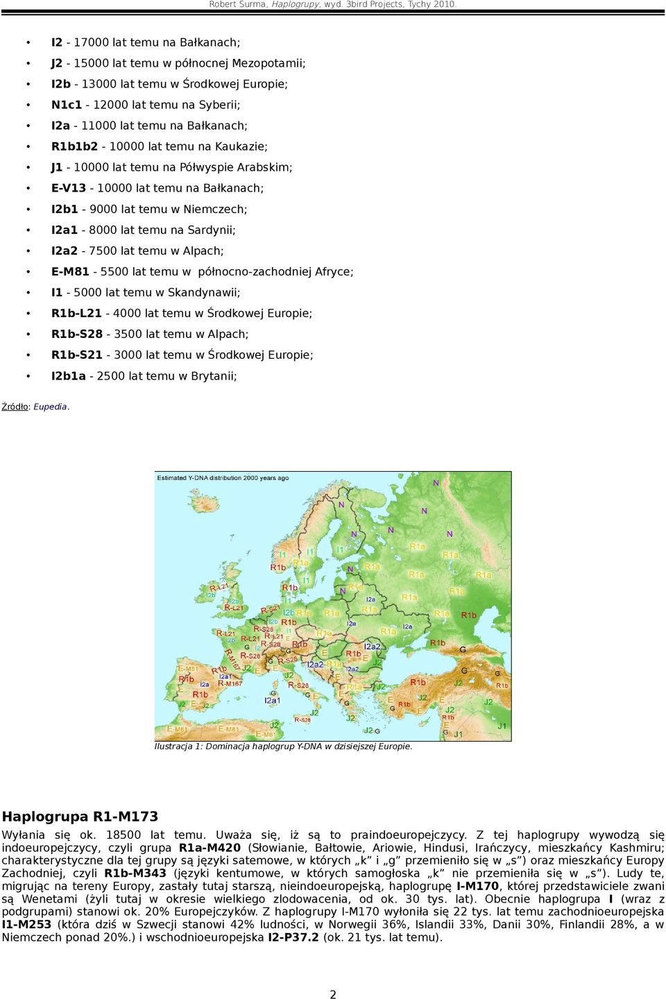 E-M81-5500 lat temu w północno-zachodniej Afryce; I1-5000 lat temu w Skandynawii; R1b-L21-4000 lat temu w Środkowej Europie; R1b-S28-3500 lat temu w Alpach; R1b-S21-3000 lat temu w Środkowej Europie;