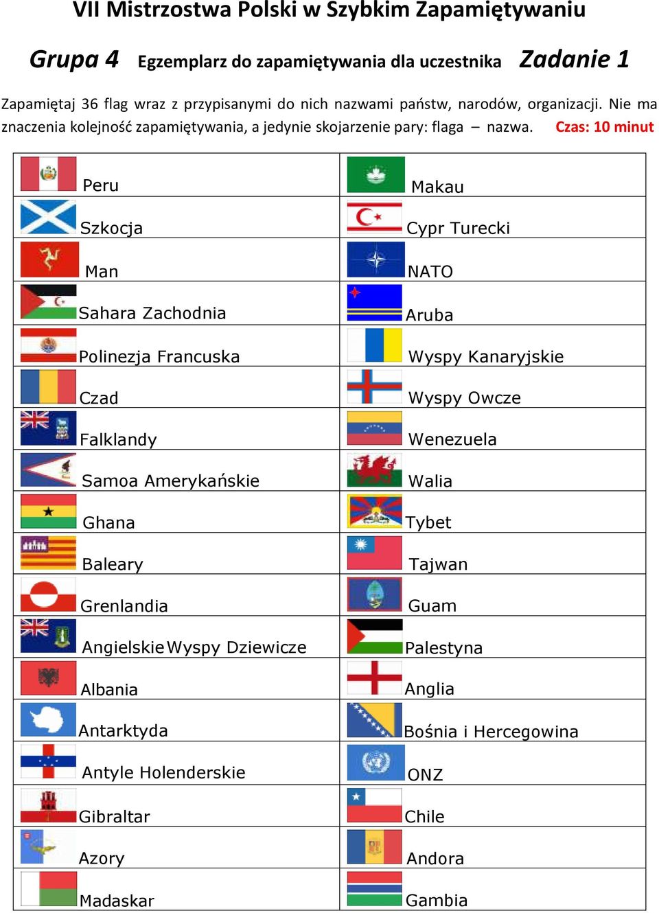 Czas: 10 minut Peru Szkocja Man Sahara Zachodnia Polinezja Francuska Czad Falklandy Samoa Amerykańskie Ghana Baleary Grenlandia Angielskie Wyspy