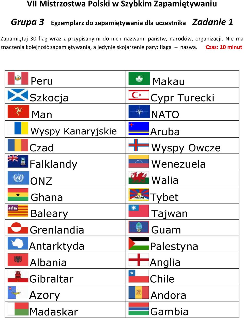 Czas: 10 minut Peru Szkocja Man Wyspy Kanaryjskie Czad Falklandy ONZ Ghana Baleary Grenlandia Antarktyda Albania