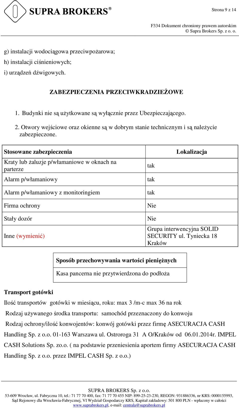 Stosowane zabezpieczenia Kraty lub żaluzje p/włamaniowe w oknach na parterze Alarm p/włamaniowy Alarm p/włamaniowy z monitoringiem Firma ochrony tak tak tak Nie Lokalizacja Stały dozór Inne